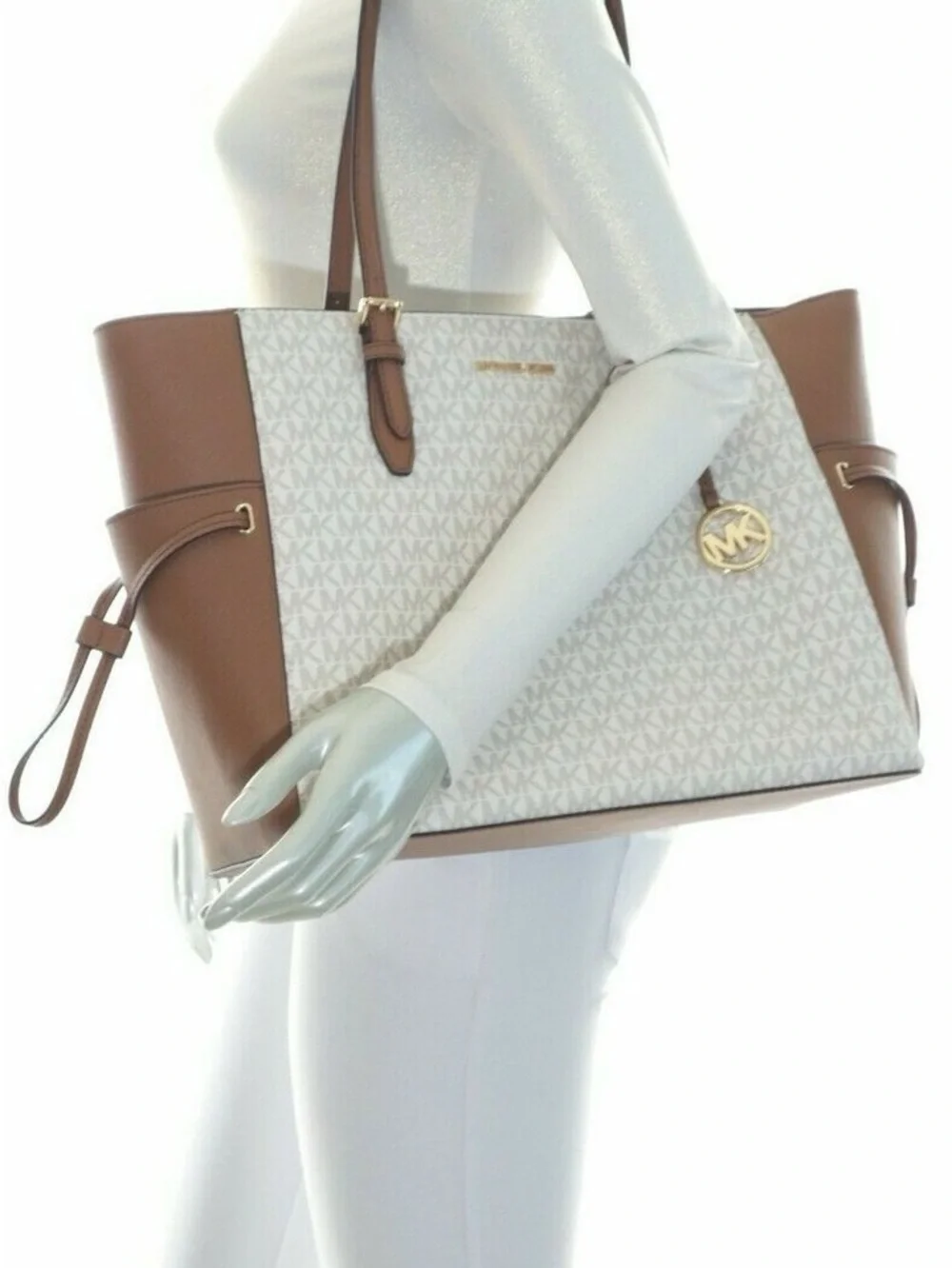 Michael Kors White and Brown MK Signature Tote